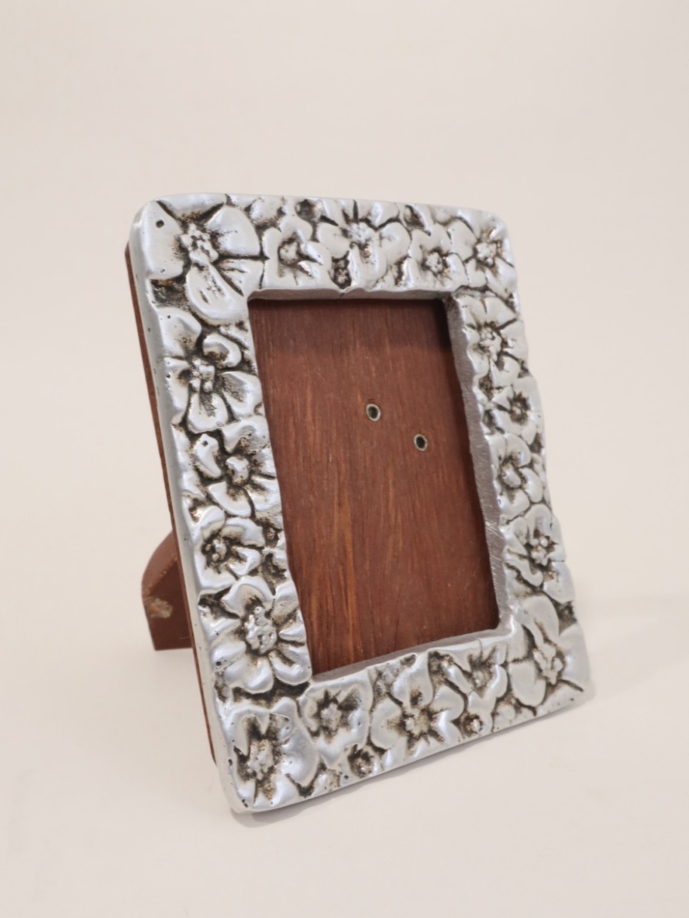Vintage Mexican Pewter Picture Frame Floral Design Handmade Wood Easel Back 4x5”